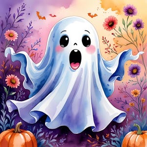 Cute Ghost T Shirt, Halloween Shirt Design, Spooky Season Tee, Watercolor Ghost, Pumpkin and Flower, Ghost Lover Gift, Fall T Shirt