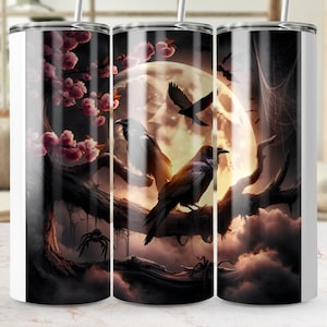 Gothic Raven Tumbler Wrap, Moon and Bats 20oz Skinny Tumbler PNG, Halloween Sublimation Designs, Crow Tumbler Wrap, Digital Download