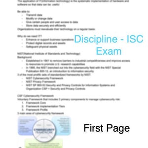 Könnte beinhalten: Eine Seite aus einem Dokument mit dem Titel "CPA Essentials" mit der Überschrift "Disziplin - ISC-Prüfung" und dem Text "Erste Seite". Die Seite behandelt das NIST Cybersecurity Framework.