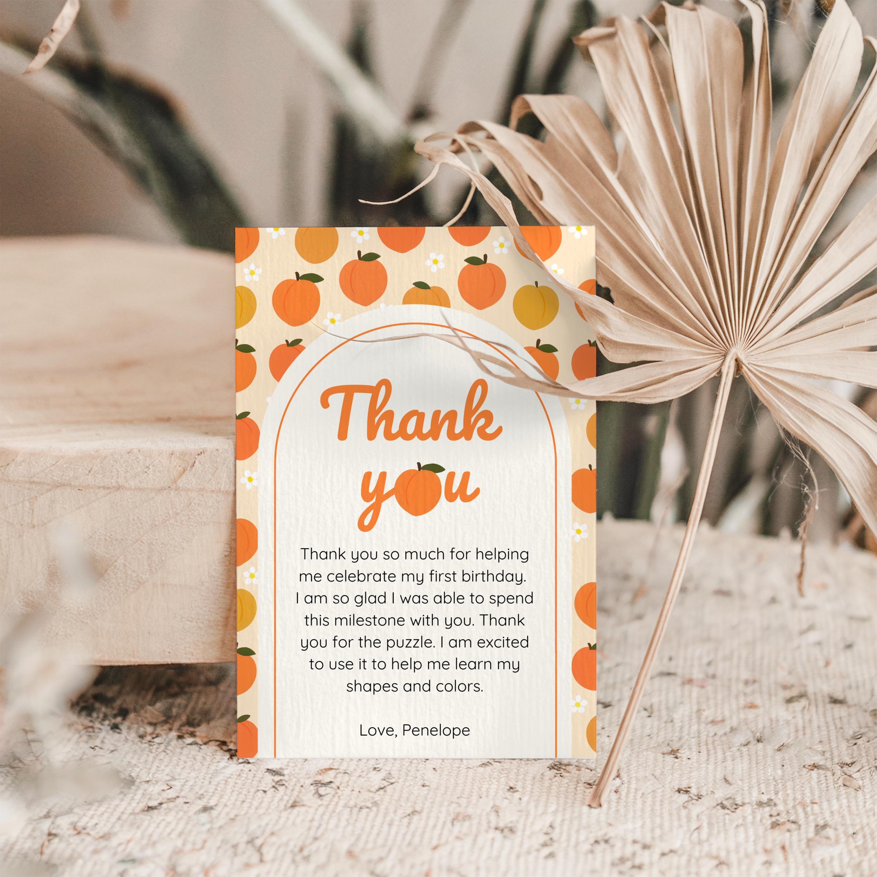 Sweet Peach First Birthday Thank You Note: Editable Canva Template ...