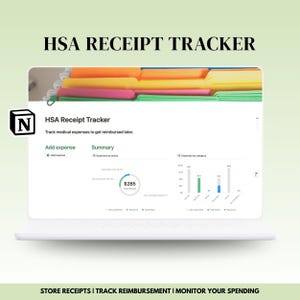 Könnte beinhalten: Ein Laptop-Bildschirm zeigt einen Notion-Arbeitsbereich mit dem Titel "HSA Receipt Tracker". Der Arbeitsbereich enthält einen Abschnitt zum Hinzufügen von Ausgaben und einen Zusammenfassungsabschnitt mit einem Diagramm, das die Ausgaben nach Kategorie zeigt. Der Gesamtbetrag beträgt 285 €.