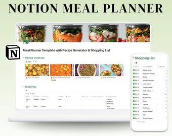 Meal Planning Notion Template w/ Recipe Generator & Grocery List |  Weekly Food Planner | Weekly Menu Planner Template | Notion Meal Planner