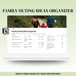 May include: A laptop screen displaying a Notion workspace with a list of family outing ideas. The list includes the name of the outing, the type, the cost, the address, and whether it is free, indoor, outdoor, or requires driving. The title of the workspace is "Family Outing Ideas Organizer".