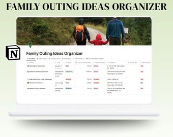 Family Outing Ideas Organizer Notion Template | Get Outside | The Family Bucket List Ideas Tracker | Family Bonding Activity Tracker