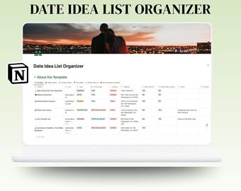 Date Idea List Organizer Notion Template | Date Night Ideas & Bucket List Ideas Tracker | Romantic Date Ideas Activities for Couples