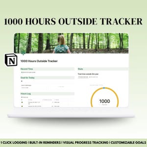 May include: A laptop computer screen displaying a Notion workspace with a 1000 Hours Outside Tracker. The workspace includes sections for Record Time, Goal for Today, Hours Log, and Stats. The Stats section shows a progress bar with a goal of 1000 hours. The background image is a photo of a person walking in a forest.