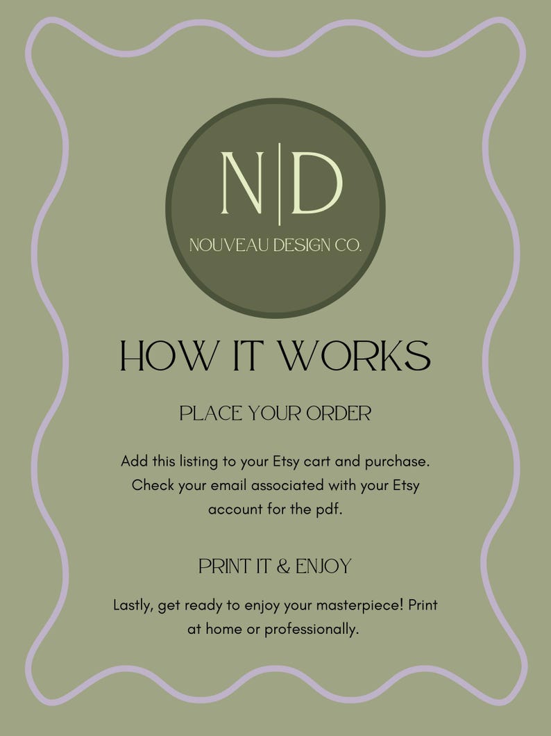 Puede incluir: Gr&aacute;fico verde y blanco con el texto "ND NOUVEAU DESIGN CO." y el texto "HOW IT WORKS PLACE YOUR ORDER Add this listing to your Etsy cart and purchase. Check your email associated with your Etsy account for the pdf. PRINT IT & ENJOY Lastly, get ready to enjoy your masterpiece! Print at home or professionally."