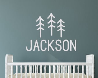 Name Decal, Personalized Nursery Decal, Boy room wall decal, Pine Tree decor, camping adventure nature woodland decal