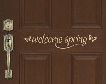 Welcome Spring front door decal with butterflies, holiday door decor, spring decorations, removable decal