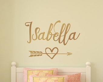 Gold Wall Decal, Personalized girl name decal, arrow heart decor, wall nursery decor, monogram arrow decal
