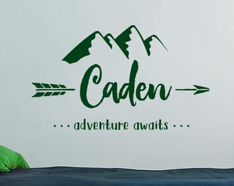 Wall Decal, Personalized Name, Mountain Nursery Decal, Bedroom Decor, Adventure Awaits Arrow Decor, Custom Name