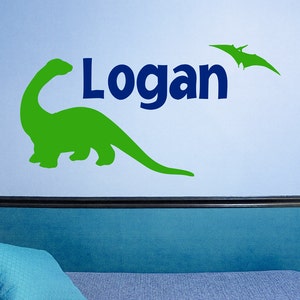 May include: A blue wall with a green dinosaur and a blue pterodactyl silhouette. The name "Logan" is written in blue letters.