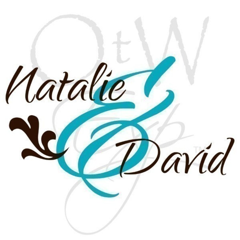 May include: A wedding announcement with the names Natalie and David in cursive script. The ampersand symbol is in a large, turquoise blue font. The text "&" is surrounded by a decorative flourish.