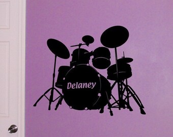 Drum Set, Personalized decal. Drummer monogram, bedroom vinyl decal and name wall decor. Music and Band decor, musician gift.