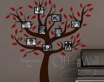 Family Tree Wall Art Decal,  photo frames vinyl decal, branches and leaves decal, family name decal