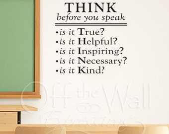 Think Before You Speak vinyl decal, classroom decor, teacher decals, playroom vinyl wall words, teaching tools, think decal