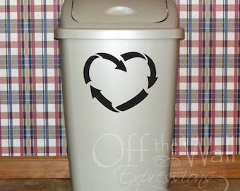 Recycle decal, heart recycling, trash can sticker, think green, environmental decal, kitchen wastebasket garbage, reduce reuse