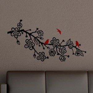 Cherry Blossom Branch Vinyl Wall Art Decal with birds bedroom decor nursery room decals image 1