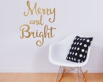 Merry and Bright vinyl wall decal, Metallic Gold decal, White Christmas vinyl decals, Holiday wall decor