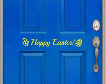 Happy Easter, front door decal, holiday vinyl, three options, eggs, bunny, butterfly, removable spring decal