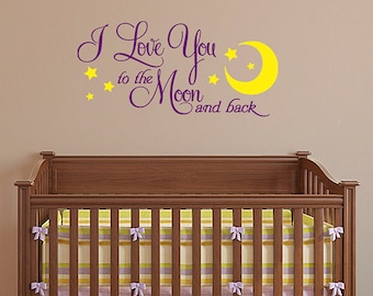 To the Moon and Back vinyl wall decal, nursery art sticker, moon and stars decor, two color decal