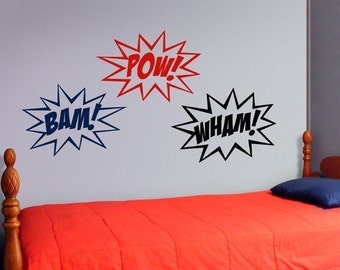 Superhero wall decal, superhero sounds, comic book vinyl decal, bam pow, super hero wall decor, bedroom decor