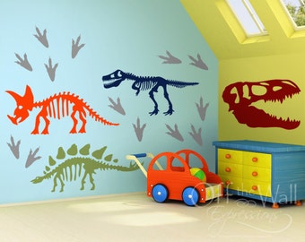 Dinosaur Skeleton Vinyl Decal Set with Footprints, Large Vinyl Wall Art Stickers, boys bedroom decor