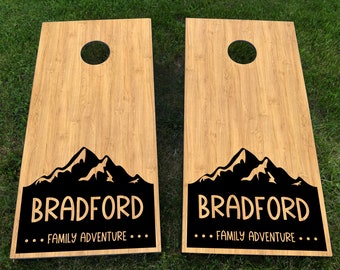 Family Cornhole Decals, Mountain Decals, Custom Decals for cornhole boards, travel camping, wedding cornhole decals, set of two decals