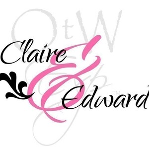 May include: A pink and black calligraphy design with the names "Claire & Edward" and a decorative flourish.