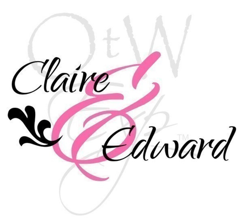 May include: A pink and black calligraphy design with the names "Claire & Edward" and a decorative flourish.