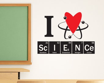 I heart science wall decal, two color design, for science classroom, education decor, periodic table of elements vinyl decal