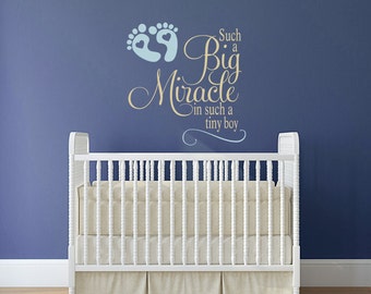 Vinyl Wall Art, Such a Big Miracle in such a tiny boy decal, Nursery decor for little boy's room with footprints