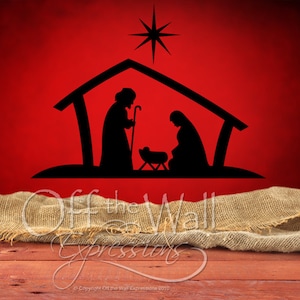 May include: Black silhouette of the nativity scene with a star above the stable. The figures of Mary, Joseph, and baby Jesus are depicted inside the stable.