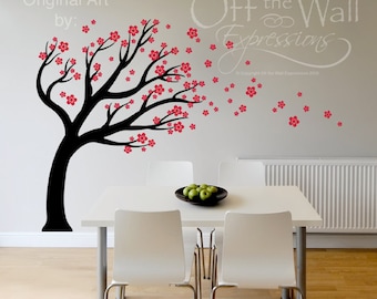 Cherry Blossom Tree vinyl decal /  blowing in the wind, wall art mural / nursery baby room / Foyer decor / Family tree