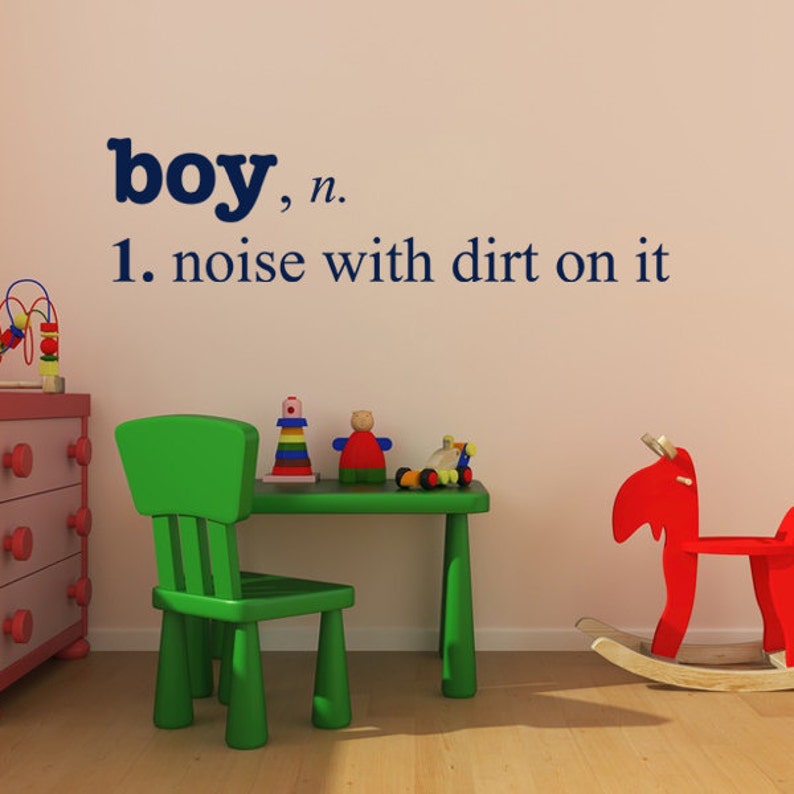 Boy Noise with Dirt definition, vinyl wall decal, boys bedroom decor, nursery wall saying, playroom decal image 1