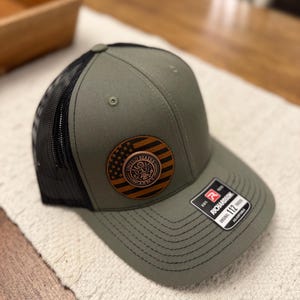 Olive Green US Army Trucker Hat – Leather Patch American Flag