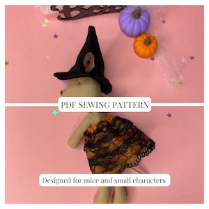 May include: A tan fabric mouse doll wearing a black felt witch hat and an orange skirt with a black lace overlay. The image includes the text PDF SEWING PATTERN and Designed for mice and small characters, with small purple and orange pumpkins.