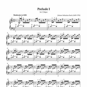 Peut inclure: Partition musicale de "Prélude I" en do majeur de Johann Sebastian Bach. La partition présente des clés de sol et de fa, avec des notes et des symboles musicaux. Le tempo est marqué Moderato, et la nuance est mf.