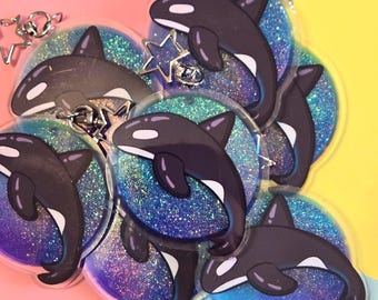 killer whale orca quicksand glitter 3 inch acrylic charm | sea creature bag accessory ocean animal