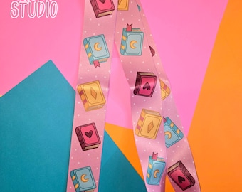 pink pastel book wide lanyard | book lovers cute for pins personal book club gift booktok bookish reading teacher writer furry badgeholder
