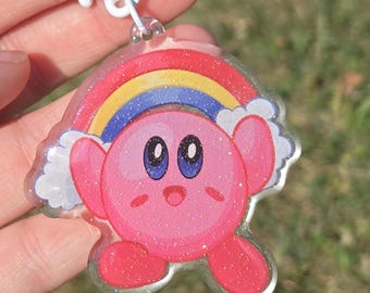kirby rainbow 2.5 inch glitter epoxy acrylic keychain charm | nintendo gift