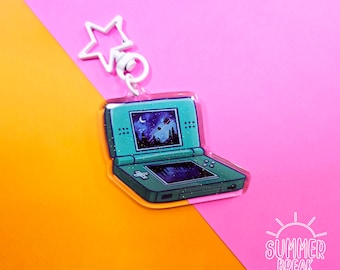 Teal nintendo ds glitter keychain charm nostalgic outer space acrylic 2.5 inches