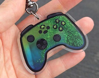 green glitter liquid quicksand xbox game controller 2.5 inch keychain | bag charm video game gift