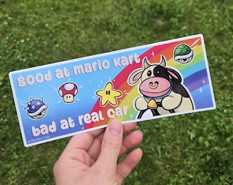 good at mario kart bad at real car mario kart world funny bumper sticker | moo moo meadows cow video game nintendo fans gift decal switch 2