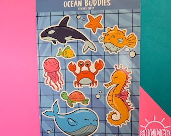 ocean buddies sticker sheet, animal stickers, kids stickers, cute stickers, laptop, macbook, vinyl stickers, sealife, ocean animals