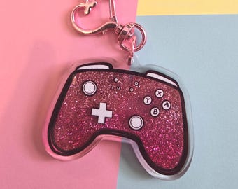 glitter gamer pink controller 2.5 inch bag charm keychain liquid quicksand videogames gift