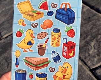Lunchbox 5 x 7 Sticker Sheet HAND-DRAWN design | back to school teacher gift autumn ducks cute food stationary planner scrapbook kids decor