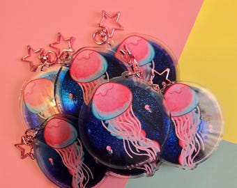 jellyfish liquid glitter 3 inch acrylic bag charm keychain | sea creature gift ocean animals
