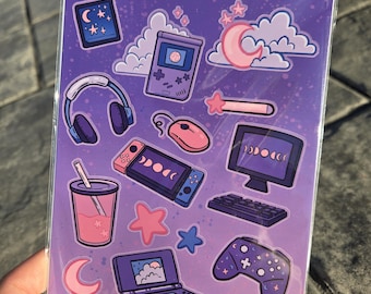 Dreamy gamer glossy sticker sheet purple galaxy cozy gaming aestetic