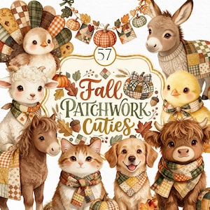 Op de afbeelding: Een digitale illustratie met een verzameling schattige dieren, waaronder een kalkoen, ezel, lam, kuiken, pony, kat, hond en kalf, allemaal met patchwork sjaals of dekens, rondom de tekst Fall Patchwork Cuties met pompoenen.